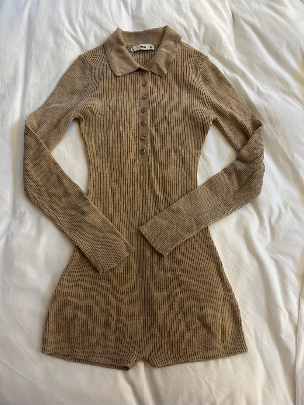 Mango Ribbed Polo Romper in Taupe